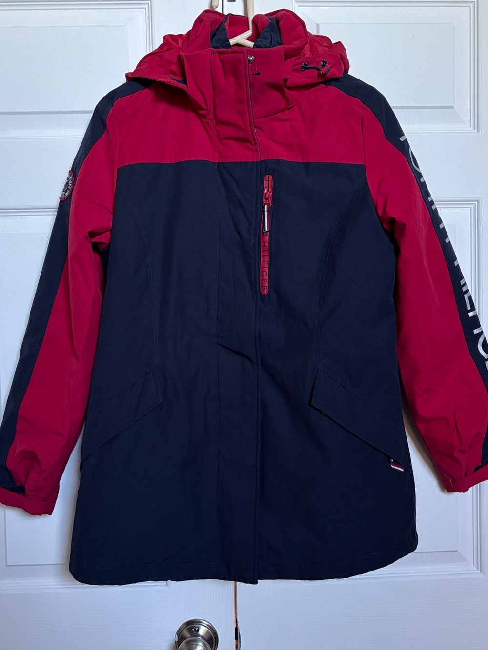 Tommy Hilfiger Womens S 3 In 1 All Weather Hooded Jacket Coat Red Navy